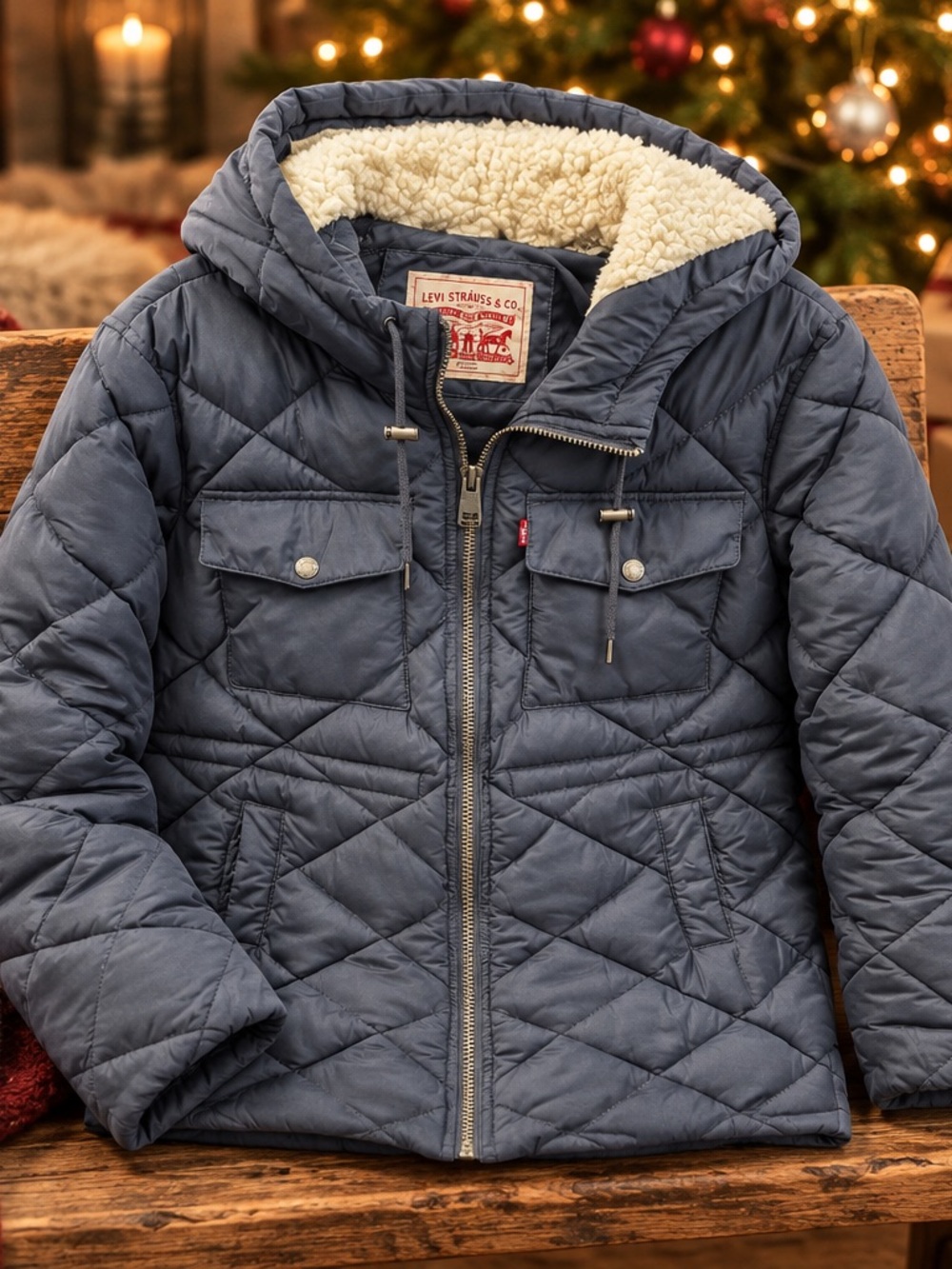 Levi's Women’s Quilted Hooded Puffer Jacket in Dusty Blue with Sherpa Lining